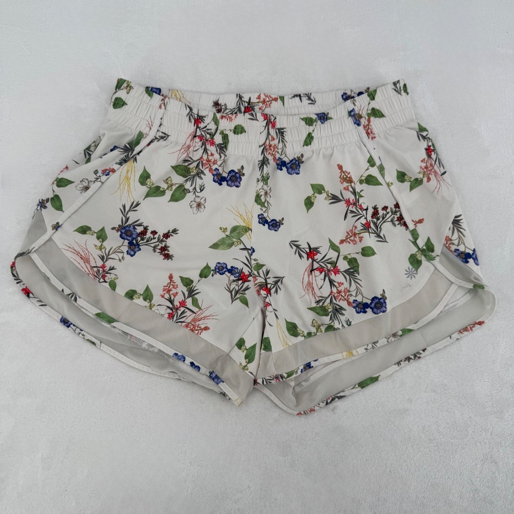Athleta Running Shorts Womens Small White Floral Botanical Mesh Trim Activewear